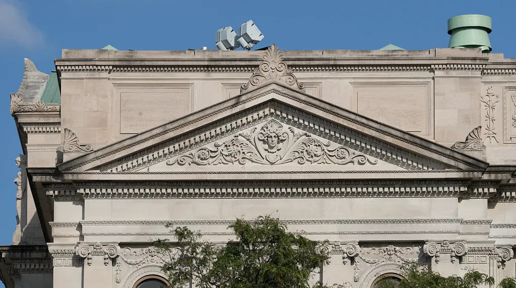 Carved stone pediment on the Allen County Courthouse in Fort Wayne.