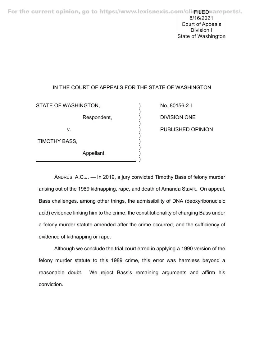 Opening page of the Washington Court of Appeals opinion in State v. Bass