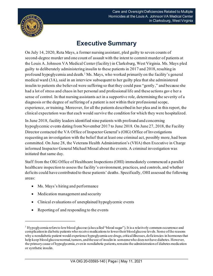 Opening executive-summary page of the 2021 VA Inspector General report