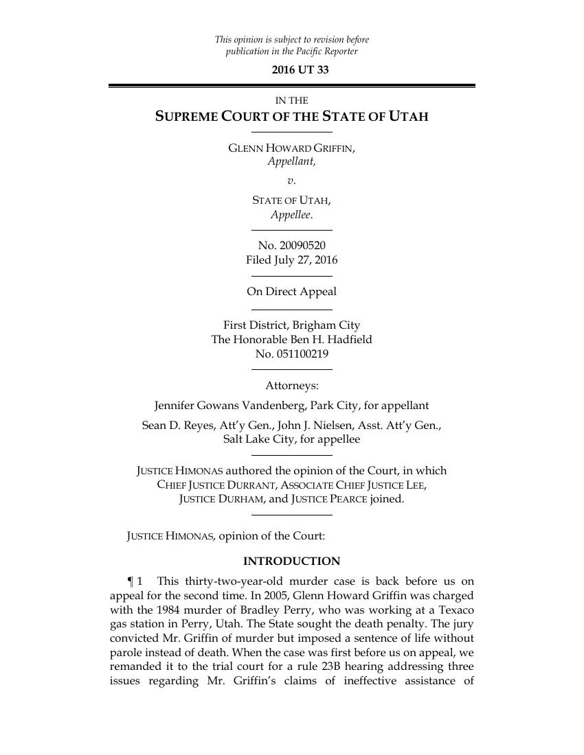 First page of the Utah Supreme Court’s 2016 decision in State v. Griffin