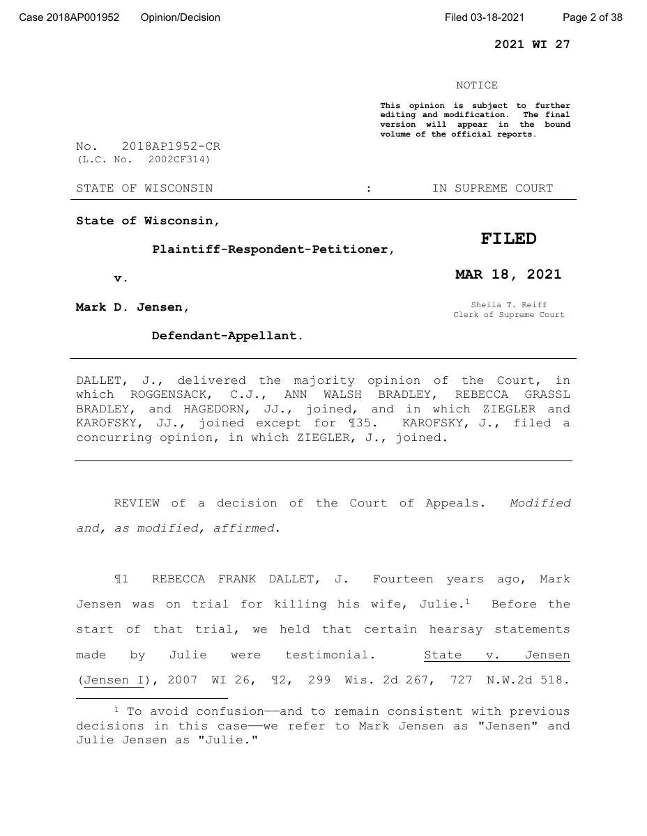 Opening substantive page of the Wisconsin Supreme Court opinion in State v. Jensen