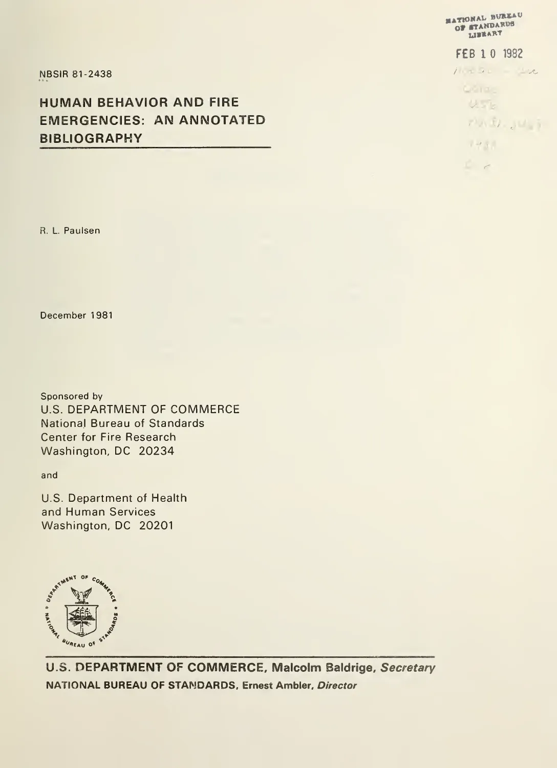 Title page of the National Bureau of Standards 1981 bibliography on human behavior and fire emergencies