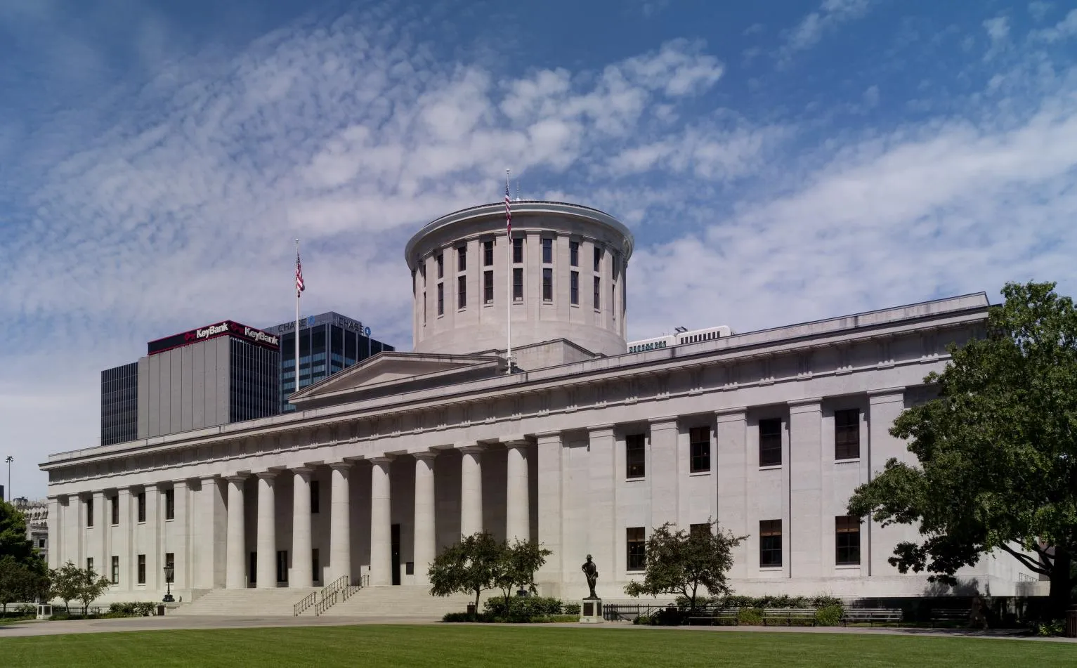 The Ohio Statehouse in Columbus, with its low colonnade and round central tower