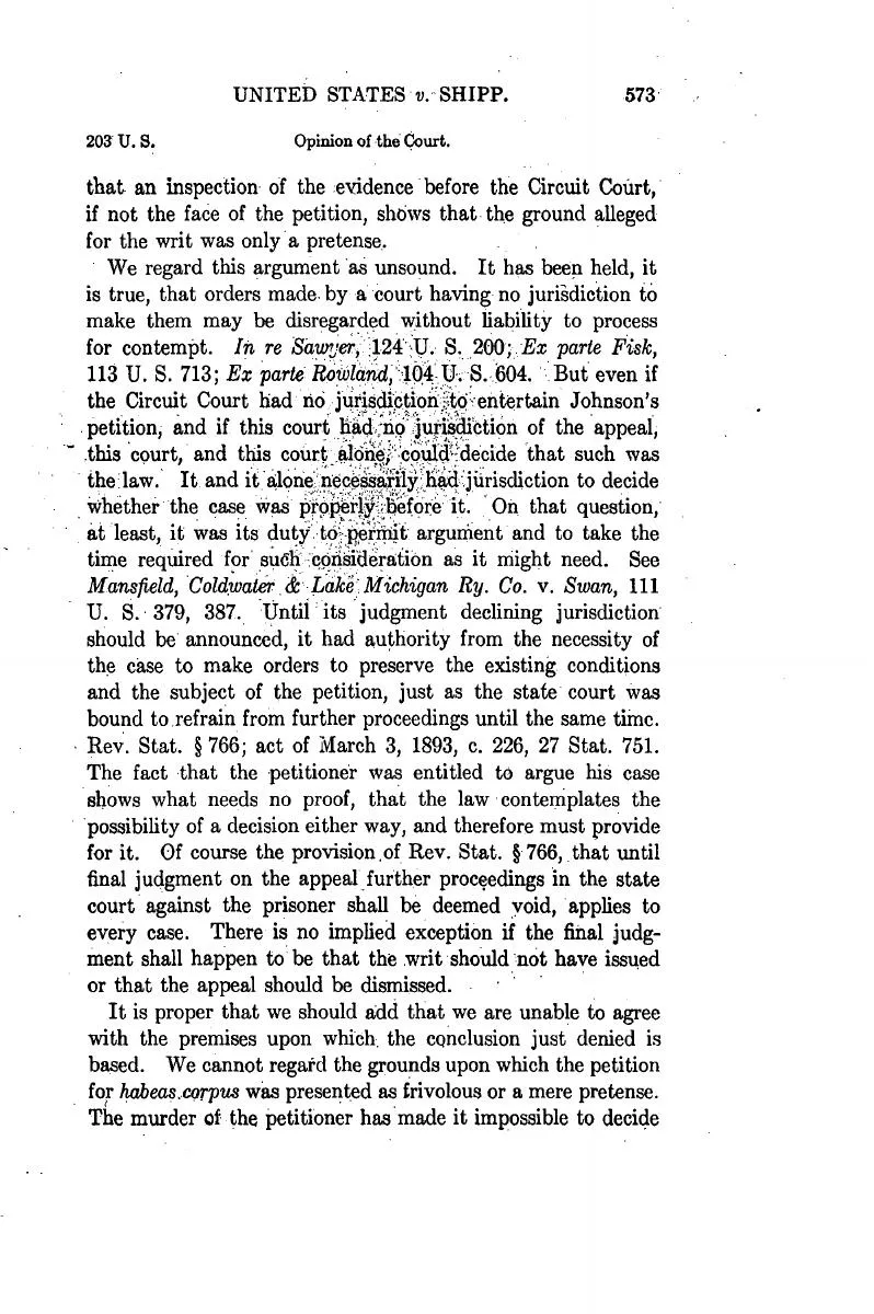 Page 573 of the 1906 Supreme Court opinion explaining its authority to preserve Johnson’s appeal while deciding jurisdiction
