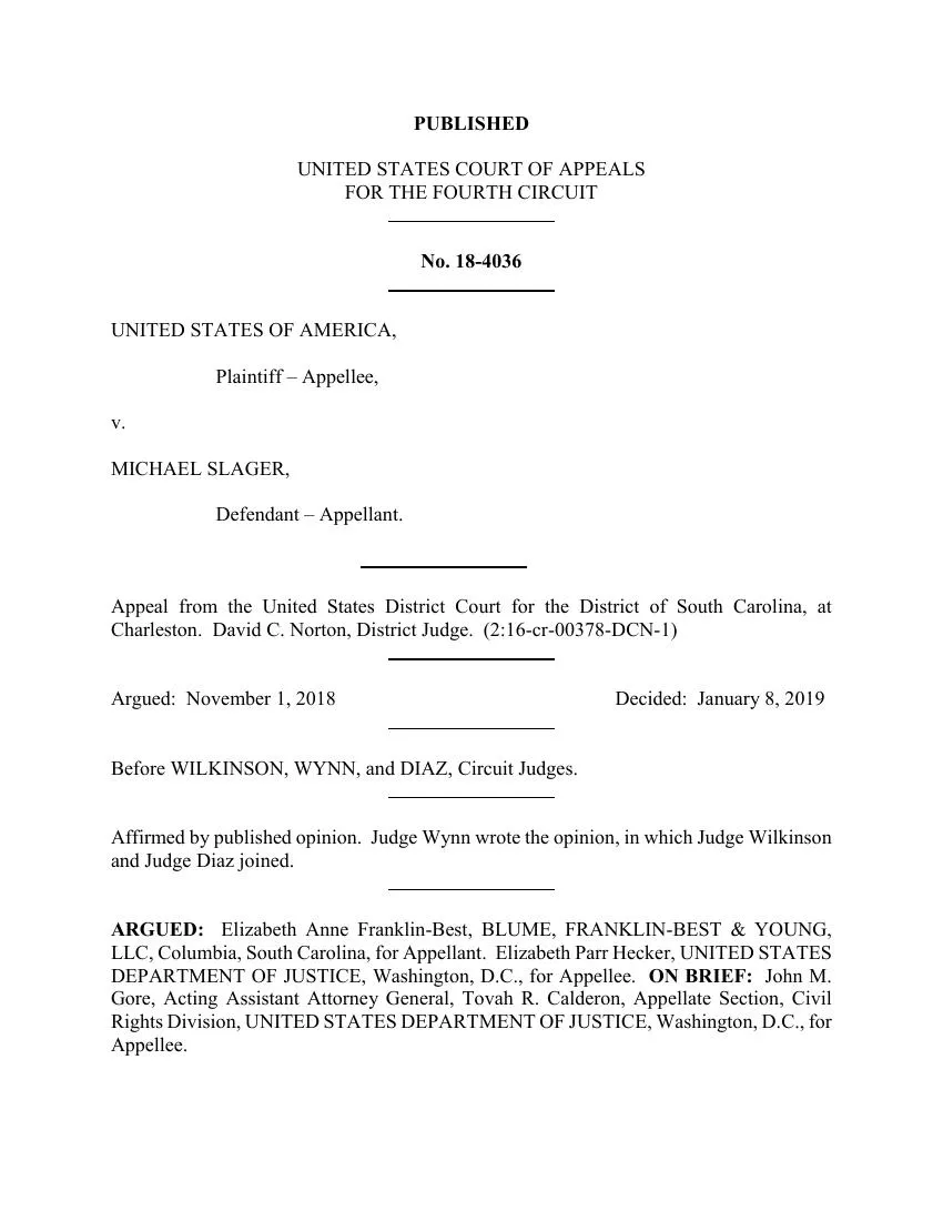 First page of the Fourth Circuit’s January 8, 2019 opinion in United States v. Michael Slager