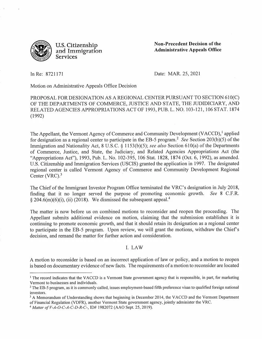 Opening page of the March 25, 2021 federal administrative decision about Vermont’s regional center
