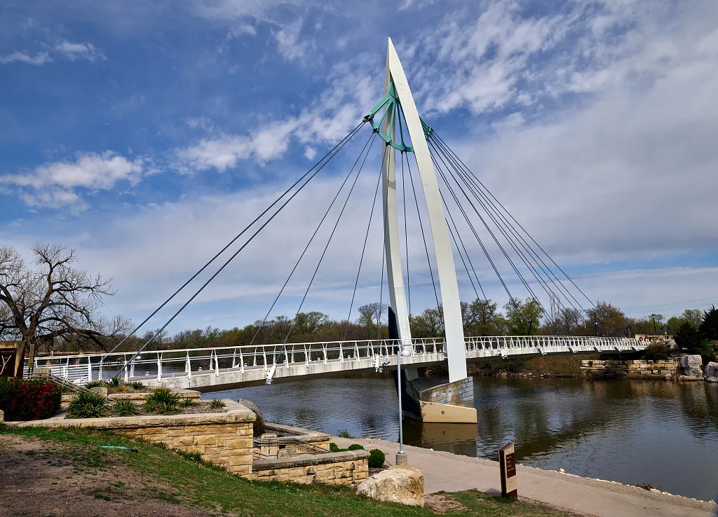 Cable-stayed pedestrian bridge over the Arkansas River in Wichita.