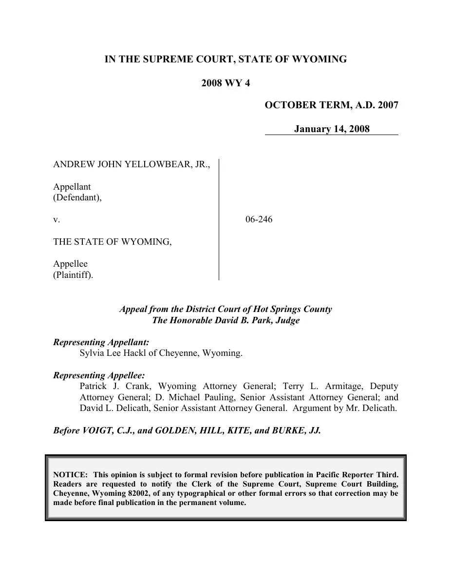 Title page of the Wyoming Supreme Court’s January 2008 Yellowbear opinion